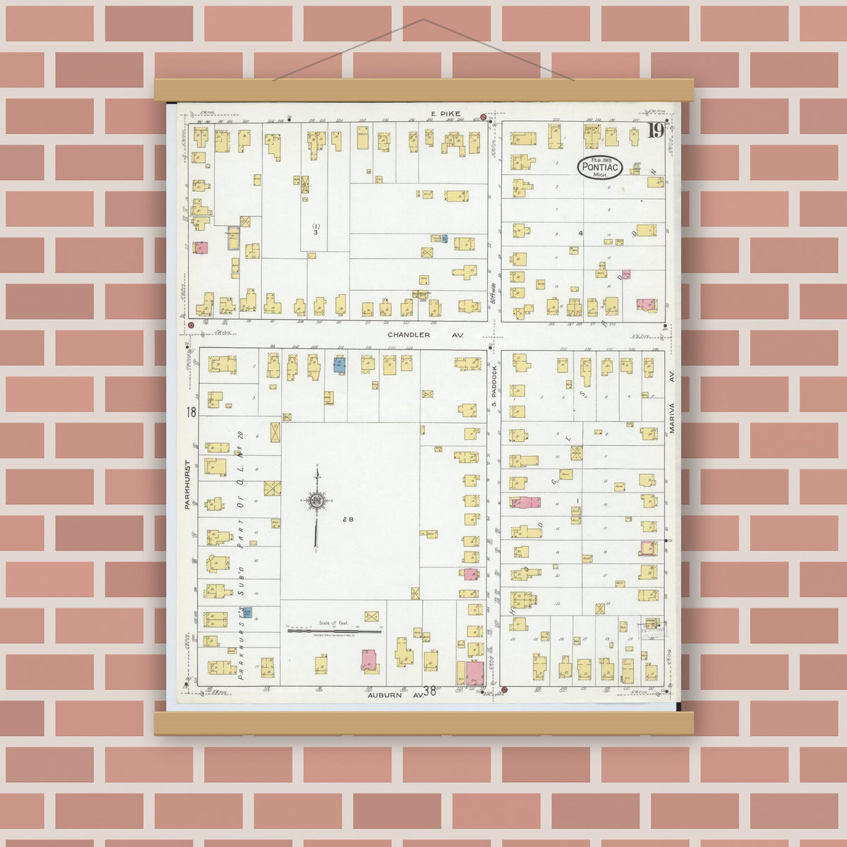 Old map wall art mockup — magnetic wood frame on brick wall — Sanborn Fire Insurance Map from Pontiac, Oakland County, Michigan (1919), Sheet #0019