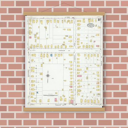 Old map wall art mockup — magnetic wood frame on brick wall — Sanborn Fire Insurance Map from Pontiac, Oakland County, Michigan (1919), Sheet #0019