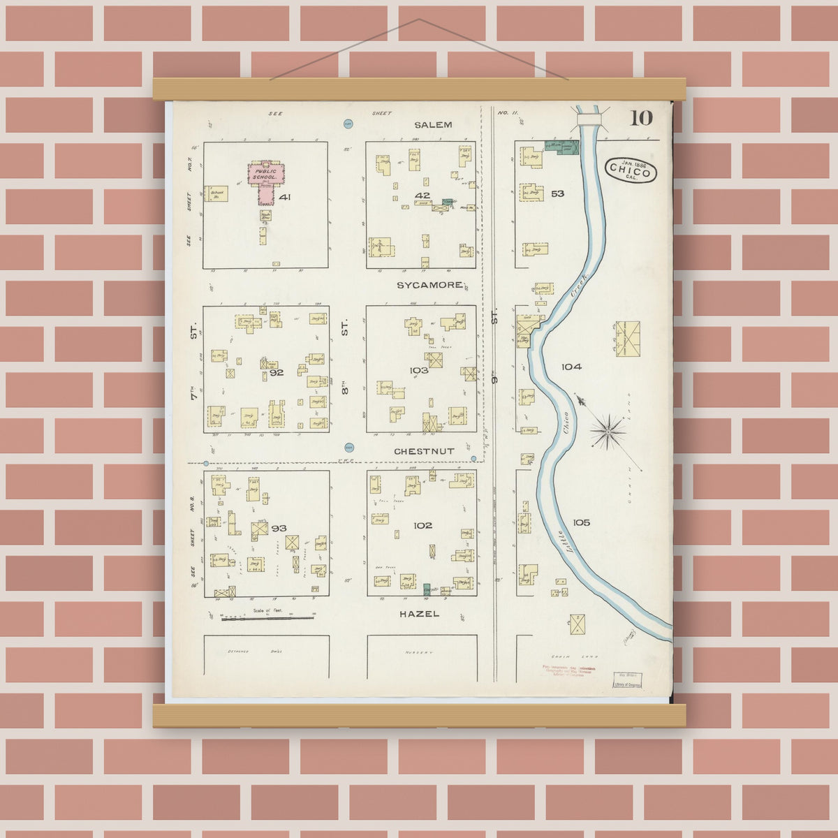 Old map wall art mockup — magnetic wood frame on brick wall — Sanborn Fire Insurance Map from Chico, Butte County, California (1886), Sheet #0010