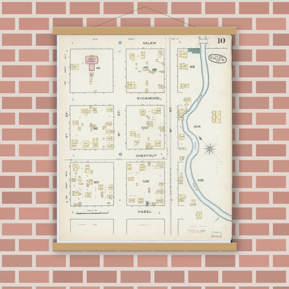 Old map wall art mockup — magnetic wood frame on brick wall — Sanborn Fire Insurance Map from Chico, Butte County, California (1886), Sheet #0010