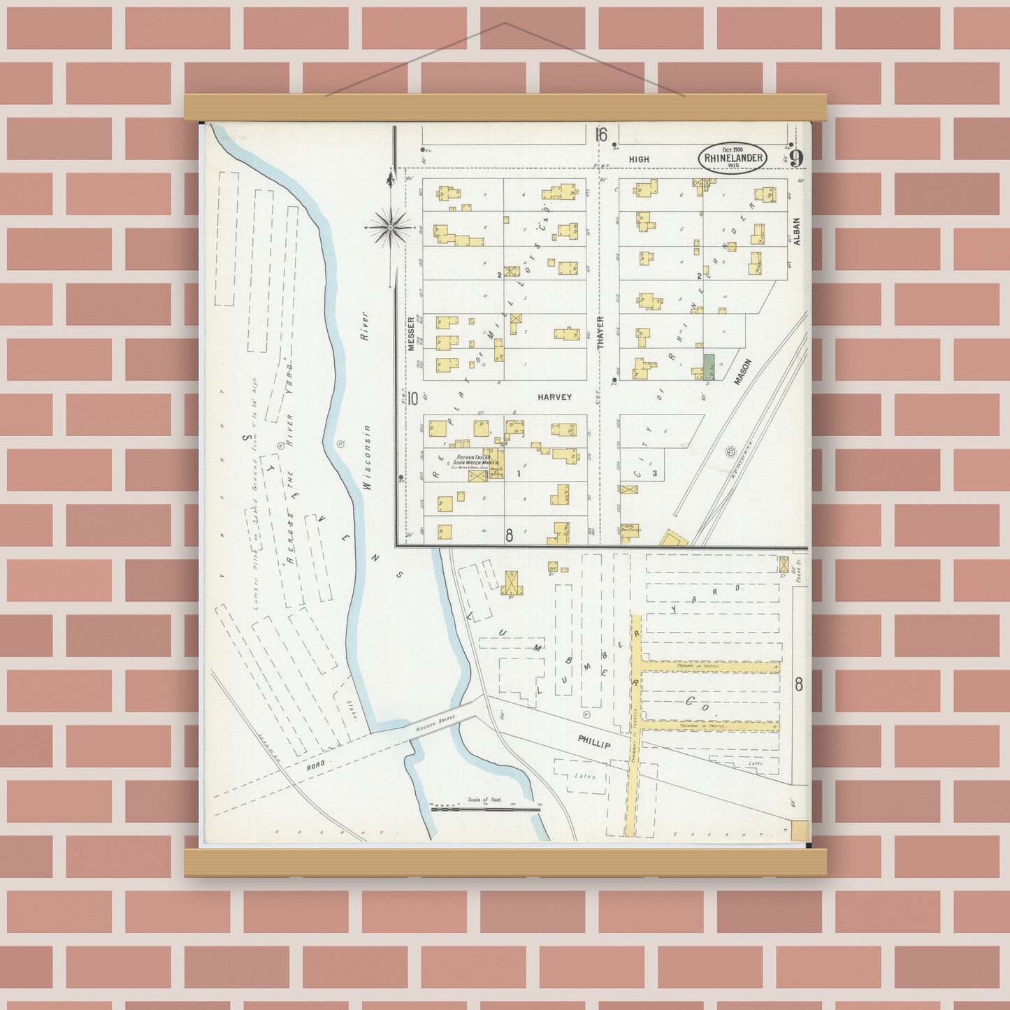 Old map wall art mockup — magnetic wood frame on brick wall — Sanborn Fire Insurance Map from Rhinelander, Oneida County, Wisconsin (1900), Sheet #0009