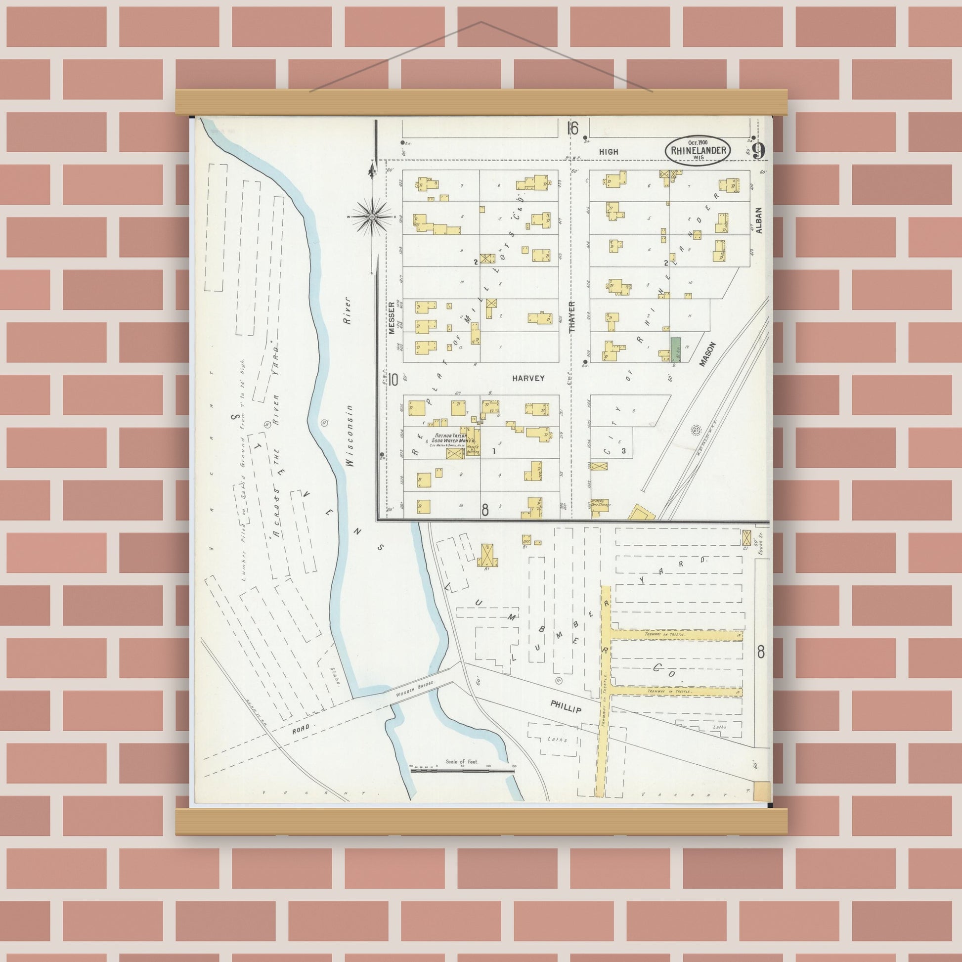 Old map wall art mockup — magnetic wood frame on brick wall — Sanborn Fire Insurance Map from Rhinelander, Oneida County, Wisconsin (1900), Sheet #0009