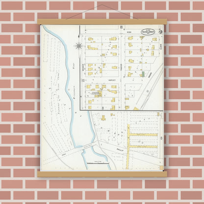 Old map wall art mockup — magnetic wood frame on brick wall — Sanborn Fire Insurance Map from Rhinelander, Oneida County, Wisconsin (1900), Sheet #0009