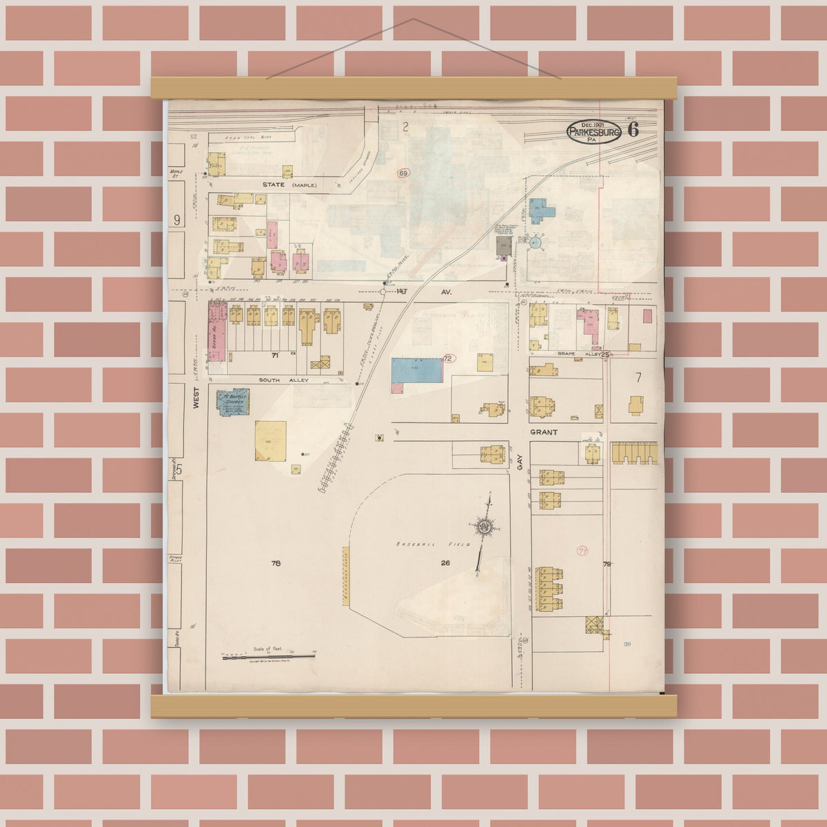 Old map wall art mockup — magnetic wood frame on brick wall — Sanborn Fire Insurance Map from Parkesburg, Chester County, Pennsylvania (1934), Sheet #0006