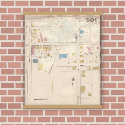 Old map wall art mockup — magnetic wood frame on brick wall — Sanborn Fire Insurance Map from Parkesburg, Chester County, Pennsylvania (1934), Sheet #0006