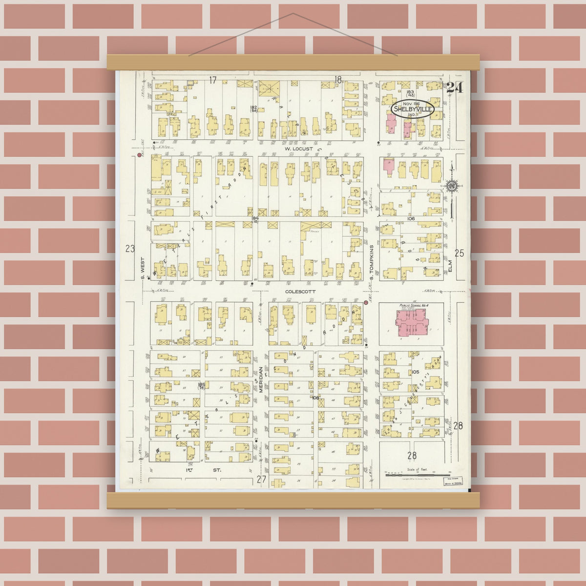 Old map wall art mockup — magnetic wood frame on brick wall — Sanborn Fire Insurance Map from Shelbyville, Shelby County, Indiana (1916), Sheet #0024