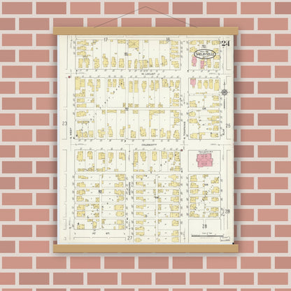 Old map wall art mockup — magnetic wood frame on brick wall — Sanborn Fire Insurance Map from Shelbyville, Shelby County, Indiana (1916), Sheet #0024