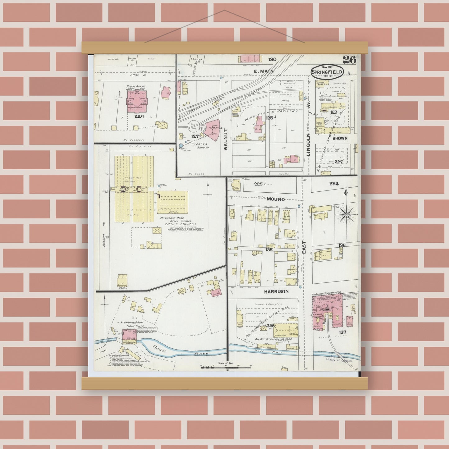 Old map wall art mockup — magnetic wood frame on brick wall — Sanborn Fire Insurance Map from Springfield, Clark County, Ohio (1891), Sheet #0026