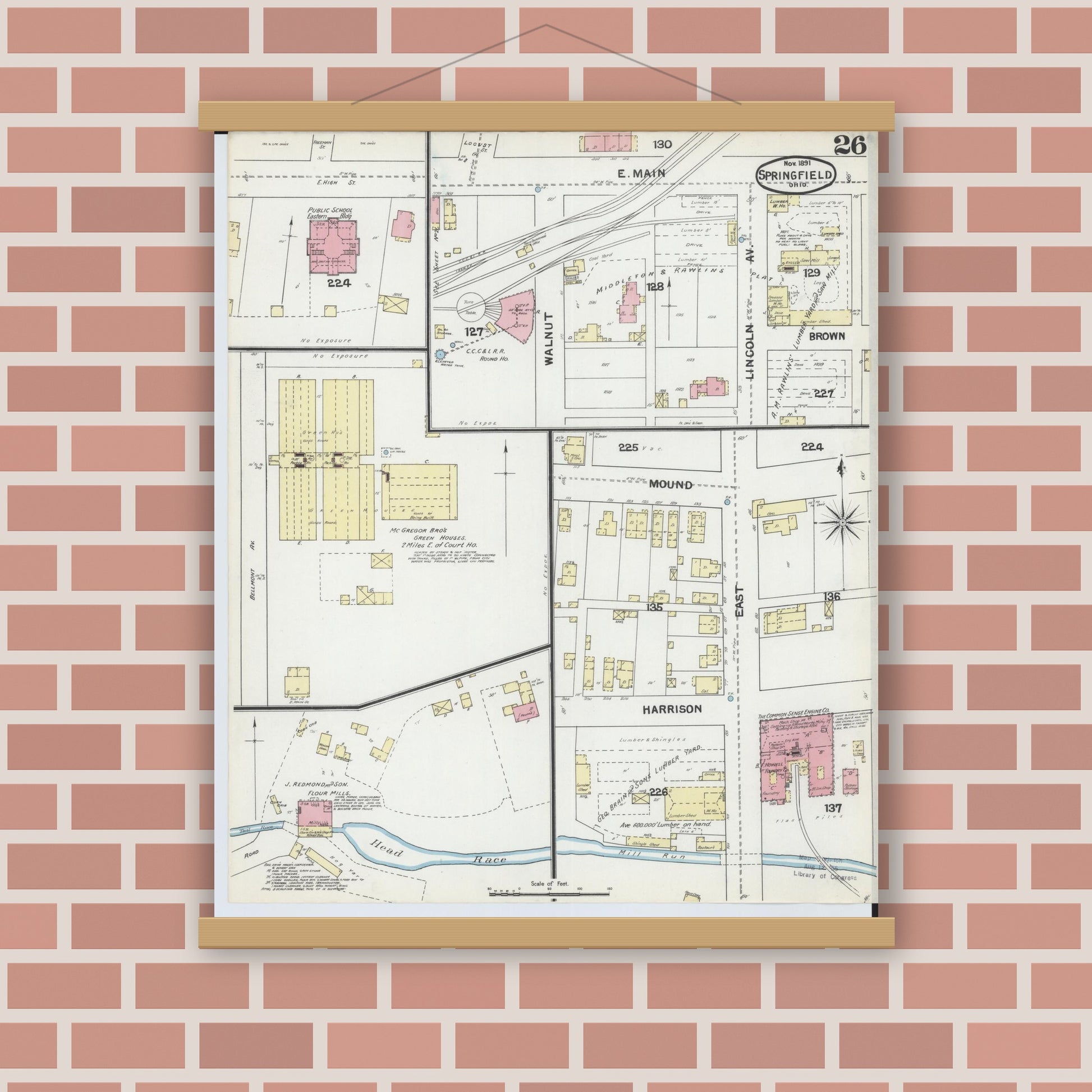 Old map wall art mockup — magnetic wood frame on brick wall — Sanborn Fire Insurance Map from Springfield, Clark County, Ohio (1891), Sheet #0026