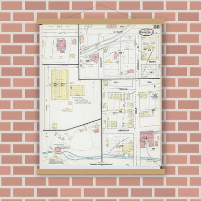Old map wall art mockup — magnetic wood frame on brick wall — Sanborn Fire Insurance Map from Springfield, Clark County, Ohio (1891), Sheet #0026