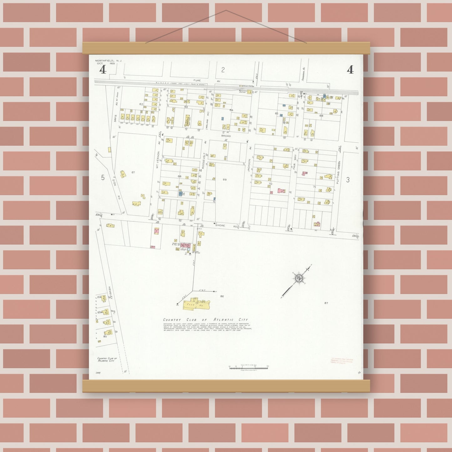 Old map wall art mockup — magnetic wood frame on brick wall — Sanborn Fire Insurance Map from Northfield, Atlantic County, New Jersey (1933), Sheet #0004