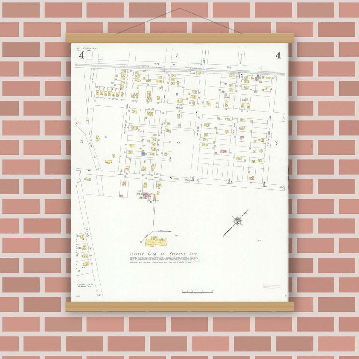 Old map wall art mockup — magnetic wood frame on brick wall — Sanborn Fire Insurance Map from Northfield, Atlantic County, New Jersey (1933), Sheet #0004
