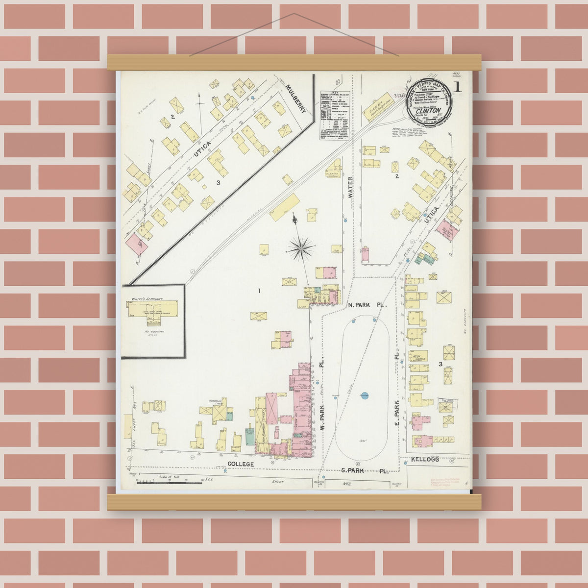 Old map wall art mockup — magnetic wood frame on brick wall — Sanborn Fire Insurance Map from Clinton, Oneida County, New York (1891), Sheet #0001