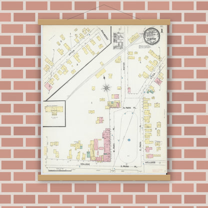 Old map wall art mockup — magnetic wood frame on brick wall — Sanborn Fire Insurance Map from Clinton, Oneida County, New York (1891), Sheet #0001