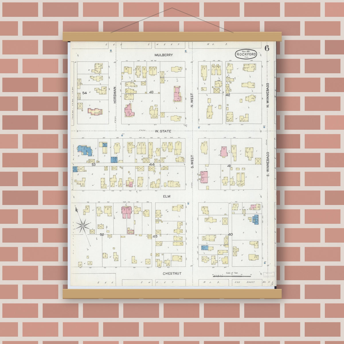 Old map wall art mockup — magnetic wood frame on brick wall — Sanborn Fire Insurance Map from Rockford, Winnebago County, Illinois (1891), Sheet #0006
