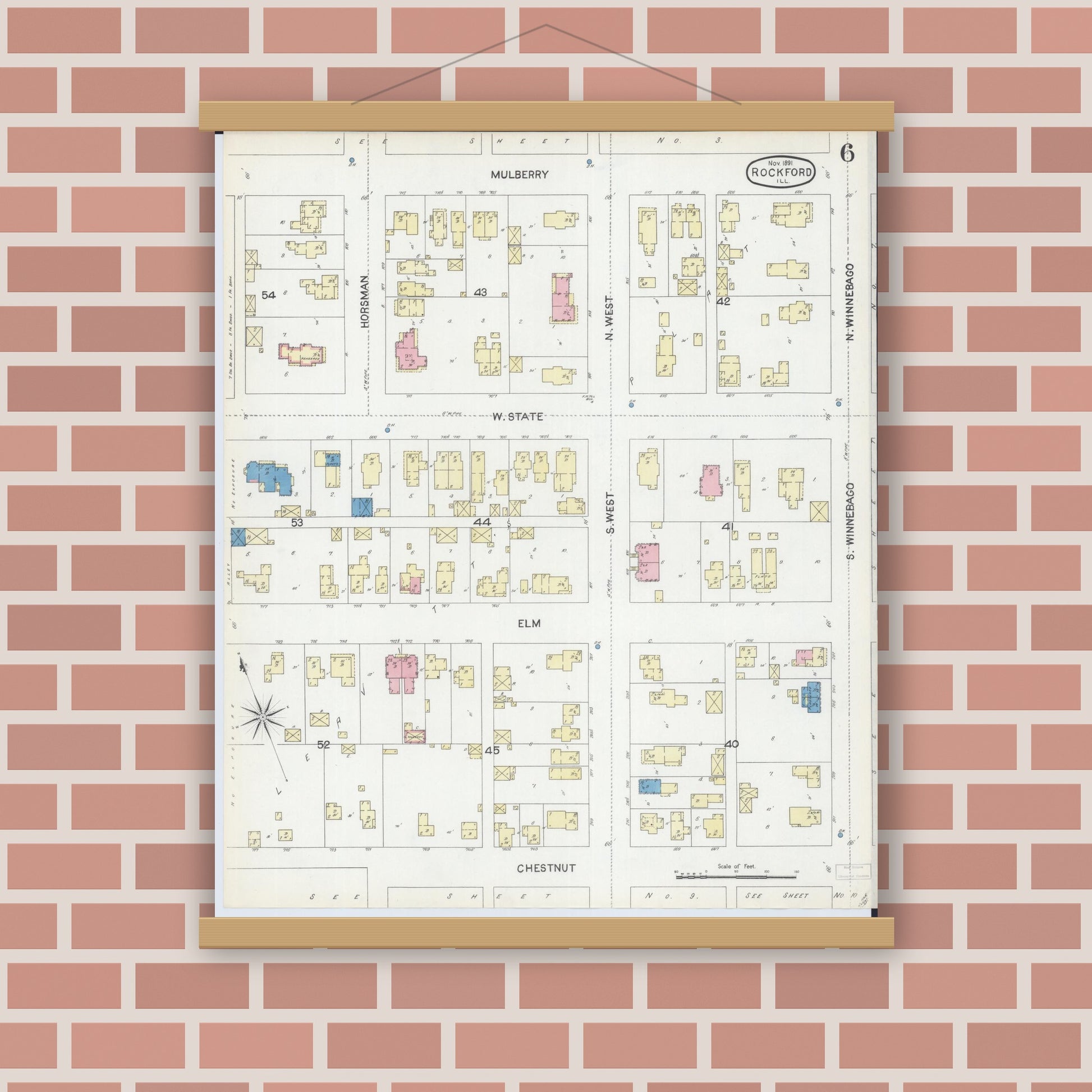 Old map wall art mockup — magnetic wood frame on brick wall — Sanborn Fire Insurance Map from Rockford, Winnebago County, Illinois (1891), Sheet #0006