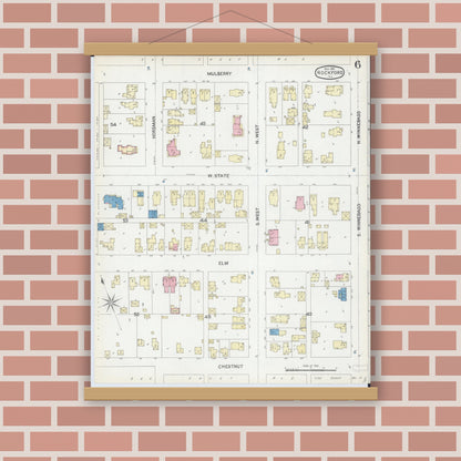 Old map wall art mockup — magnetic wood frame on brick wall — Sanborn Fire Insurance Map from Rockford, Winnebago County, Illinois (1891), Sheet #0006