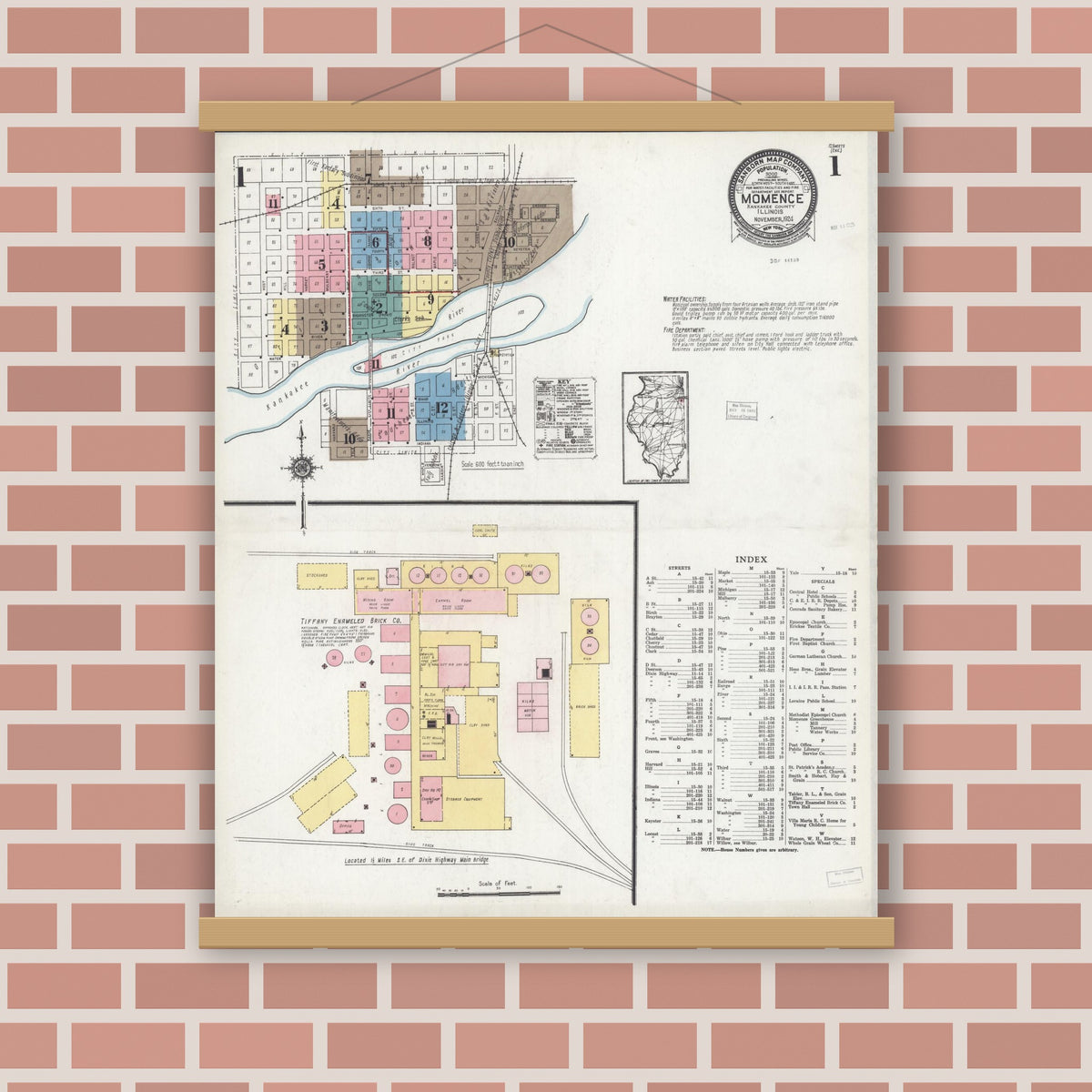 Old map wall art mockup — magnetic wood frame on brick wall — Sanborn Fire Insurance Map from Momence, Kankakee County, Illinois (1924), Sheet #0001