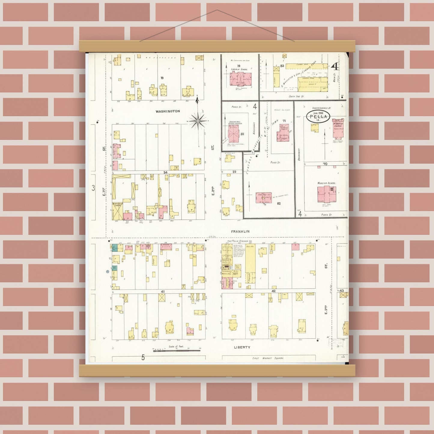 Old map wall art mockup — magnetic wood frame on brick wall — Sanborn Fire Insurance Map from Pella, Marion County, Iowa (1906), Sheet #0004