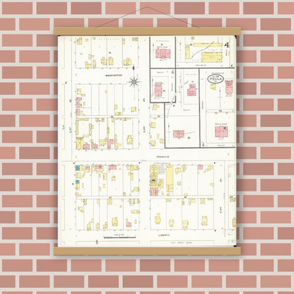 Old map wall art mockup — magnetic wood frame on brick wall — Sanborn Fire Insurance Map from Pella, Marion County, Iowa (1906), Sheet #0004