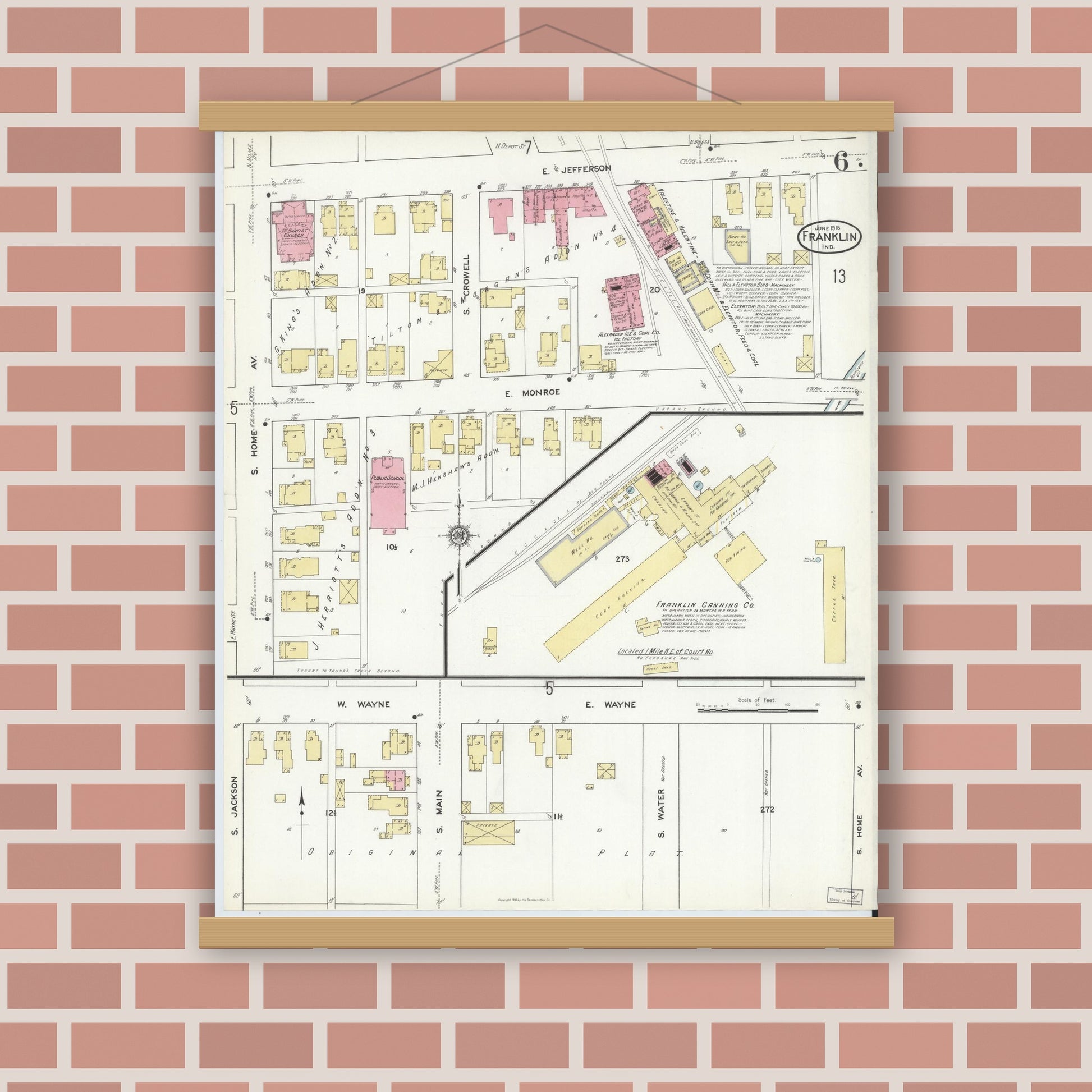 Old map wall art mockup — magnetic wood frame on brick wall — Sanborn Fire Insurance Map from Franklin, Johnson County, Indiana (1916), Sheet #0006