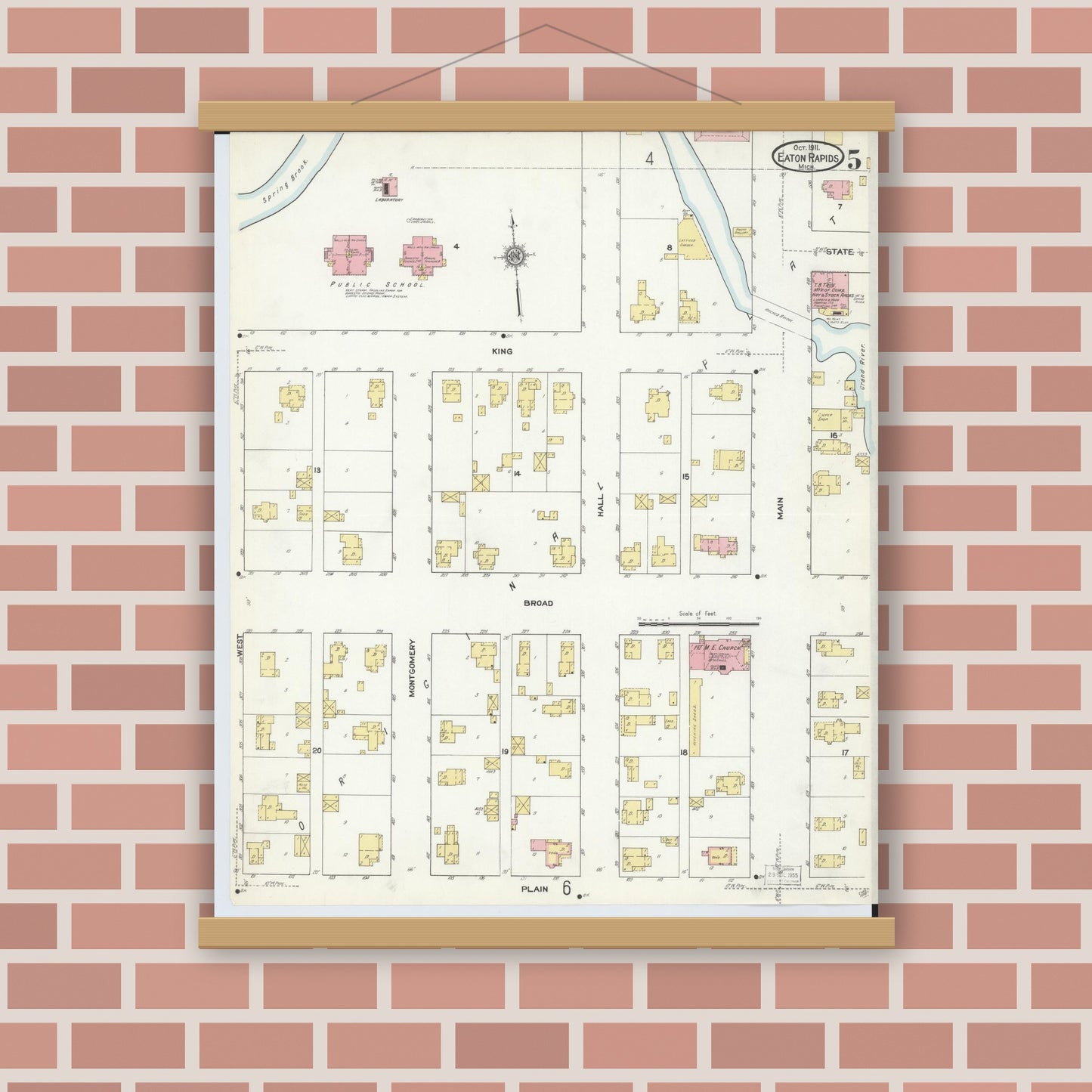 Old map wall art mockup — magnetic wood frame on brick wall — Sanborn Fire Insurance Map from Eaton Rapids, Eaton County, Michigan (1911), Sheet #0005