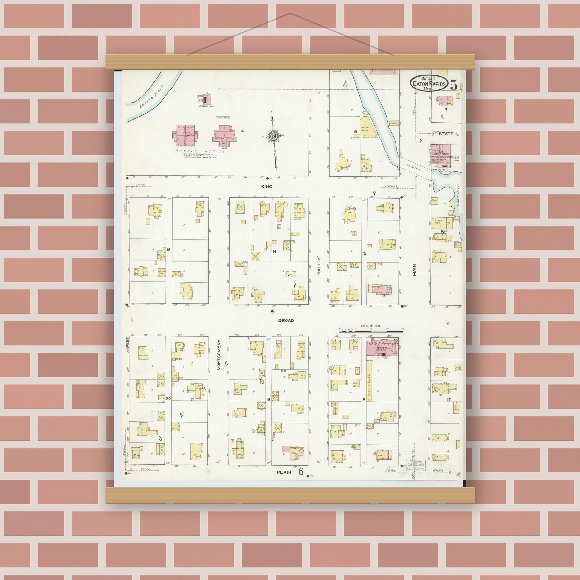 Old map wall art mockup — magnetic wood frame on brick wall — Sanborn Fire Insurance Map from Eaton Rapids, Eaton County, Michigan (1911), Sheet #0005