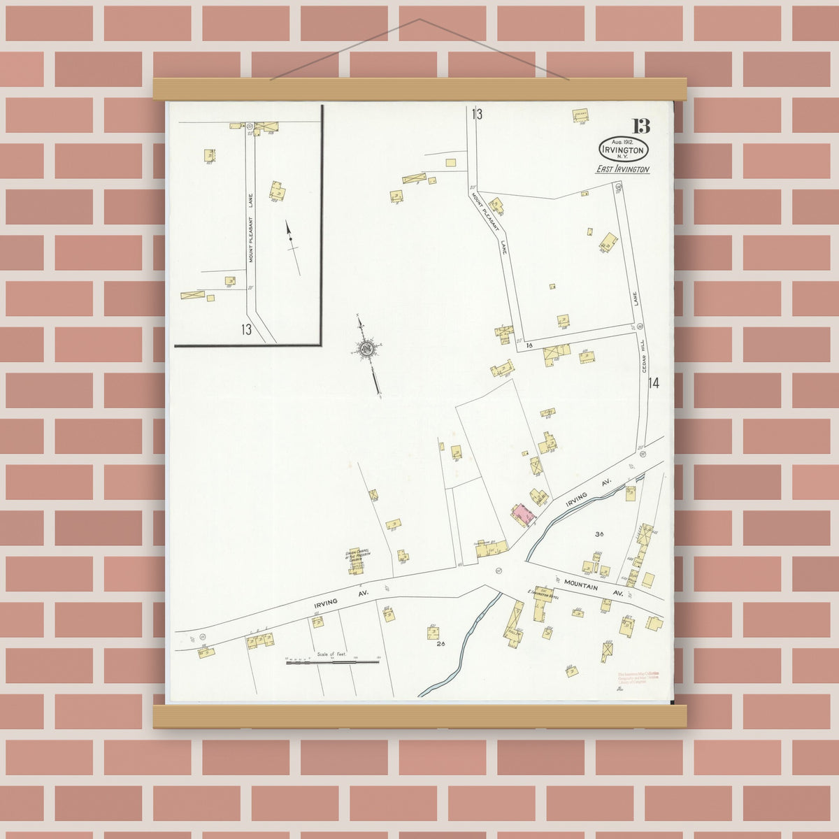 Old map wall art mockup — magnetic wood frame on brick wall — Sanborn Fire Insurance Map from Irvington, Westchester County, New York (1912), Sheet #0013