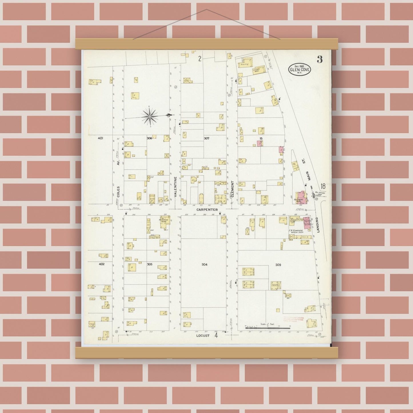 Old map wall art mockup — magnetic wood frame on brick wall — Sanborn Fire Insurance Map from Glen Cove, Nassau County, New York (1908), Sheet #0003