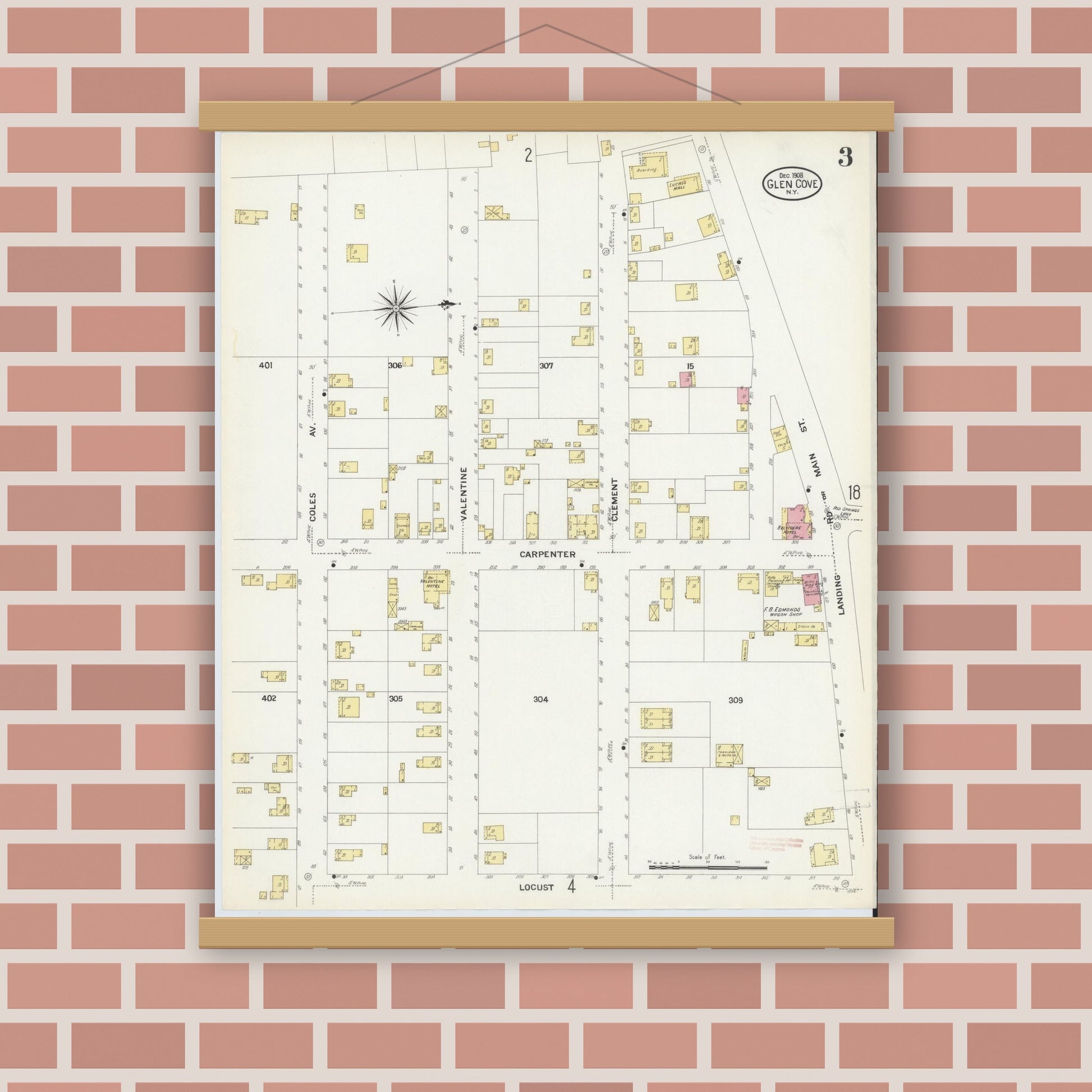 Old map wall art mockup — magnetic wood frame on brick wall — Sanborn Fire Insurance Map from Glen Cove, Nassau County, New York (1908), Sheet #0003