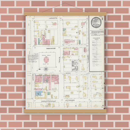 Old map wall art mockup — magnetic wood frame on brick wall — Sanborn Fire Insurance Map from Neosho, Newton County, Missouri (1891), Sheet #0001