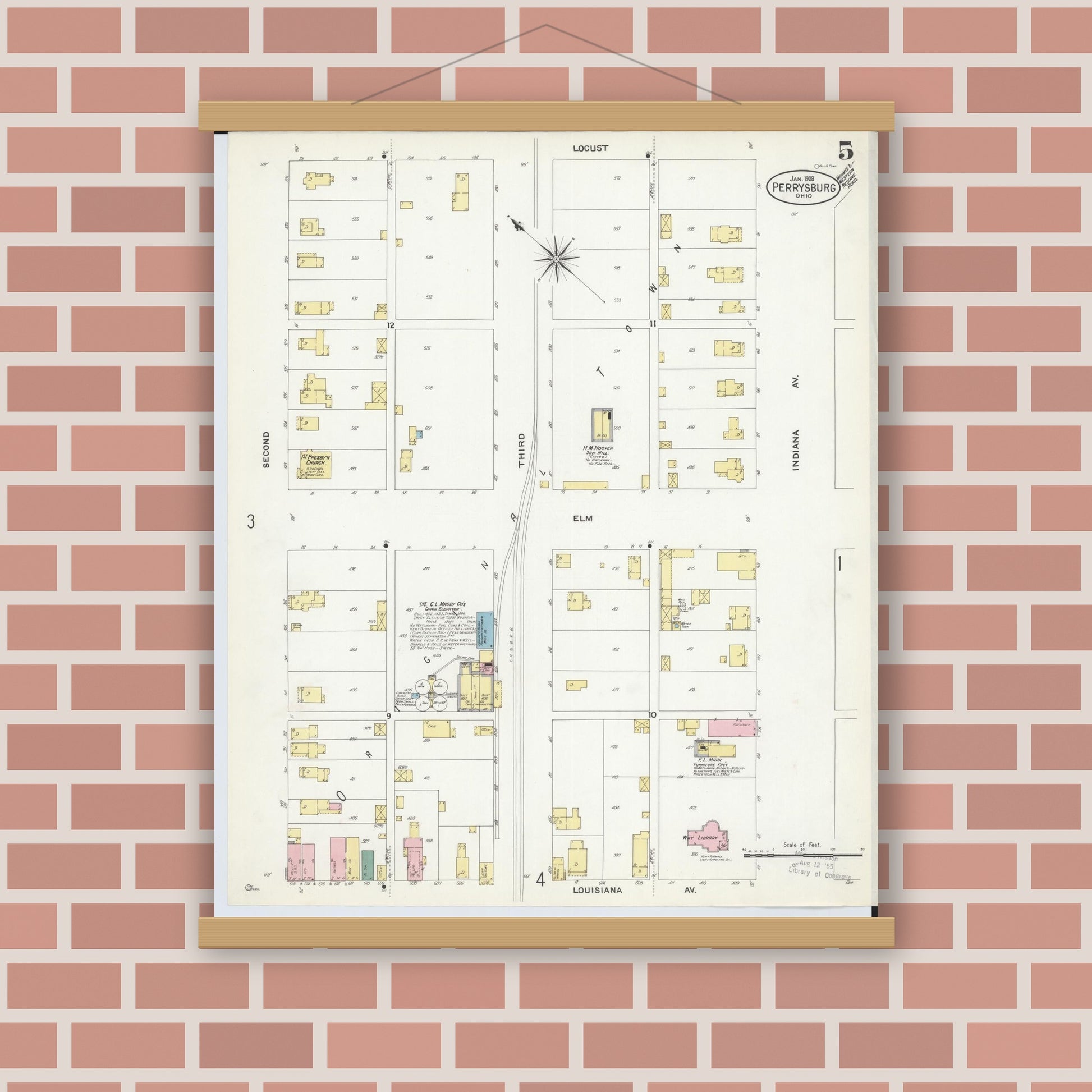 Old map wall art mockup — magnetic wood frame on brick wall — Sanborn Fire Insurance Map from Perrysburg, Wood County, Ohio (1908), Sheet #0005