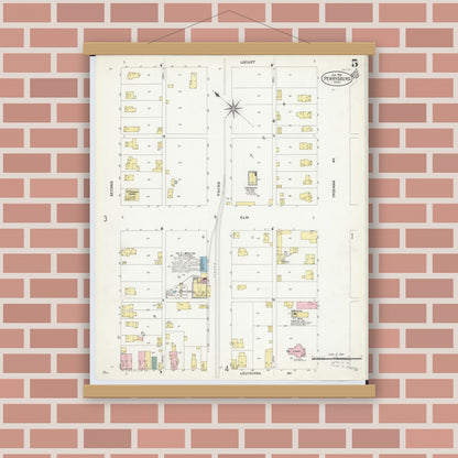 Old map wall art mockup — magnetic wood frame on brick wall — Sanborn Fire Insurance Map from Perrysburg, Wood County, Ohio (1908), Sheet #0005