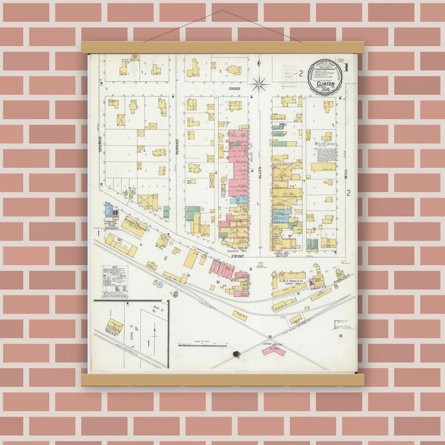 Old map wall art mockup — magnetic wood frame on brick wall — Sanborn Fire Insurance Map from Clinton, Rock County, Wisconsin (1899), Sheet #0001