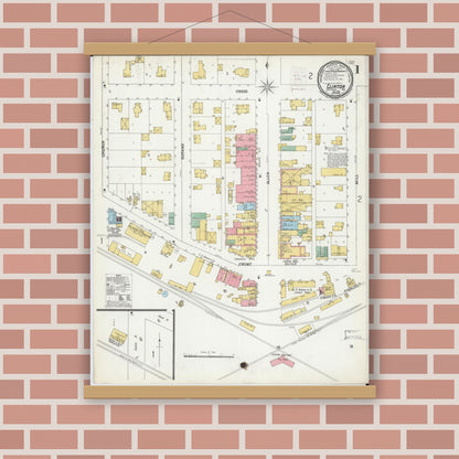 Old map wall art mockup — magnetic wood frame on brick wall — Sanborn Fire Insurance Map from Clinton, Rock County, Wisconsin (1899), Sheet #0001