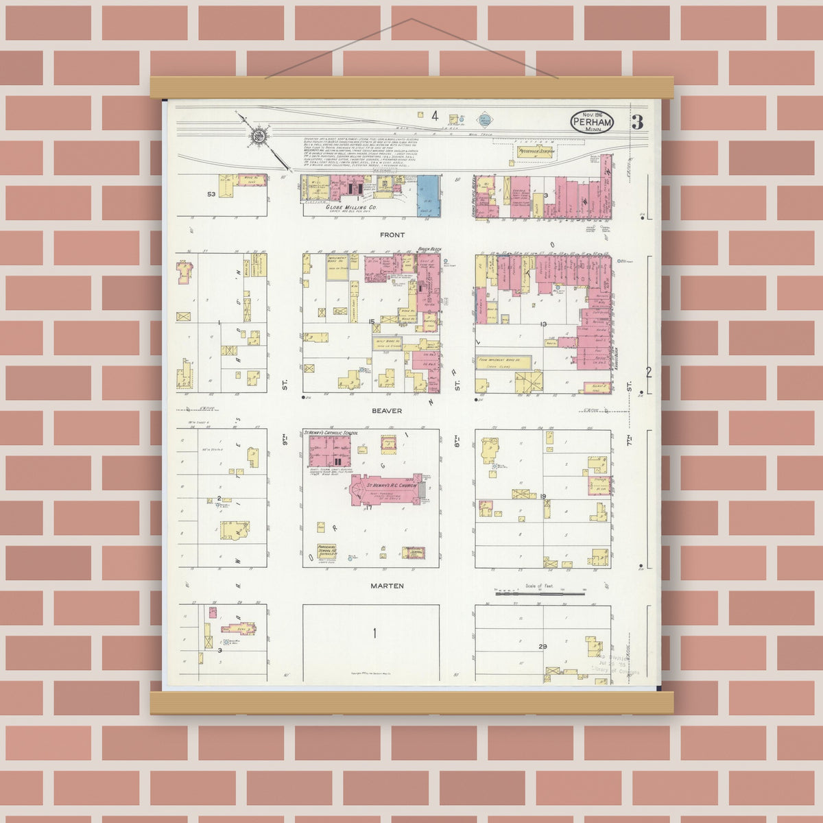 Old map wall art mockup — magnetic wood frame on brick wall — Sanborn Fire Insurance Map from Perham, Otter Tail County, Minnesota (1916), Sheet #0003