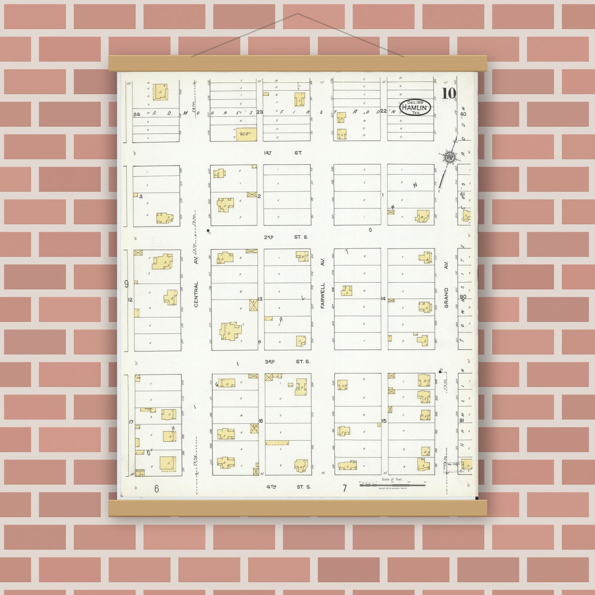 Old map wall art mockup — magnetic wood frame on brick wall — Sanborn Fire Insurance Map from Hamlin, Jones County, Texas (1919), Sheet #0010