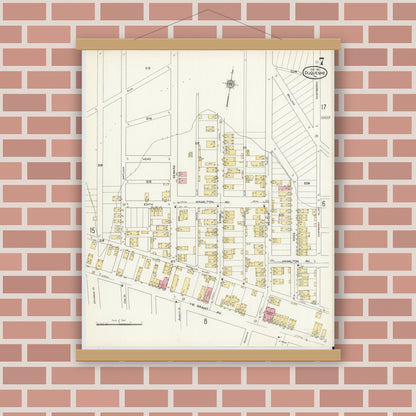 Old map wall art mockup — magnetic wood frame on brick wall — Sanborn Fire Insurance Map from Duquesne, Allegheny County, Pennsylvania (1911), Sheet #0007
