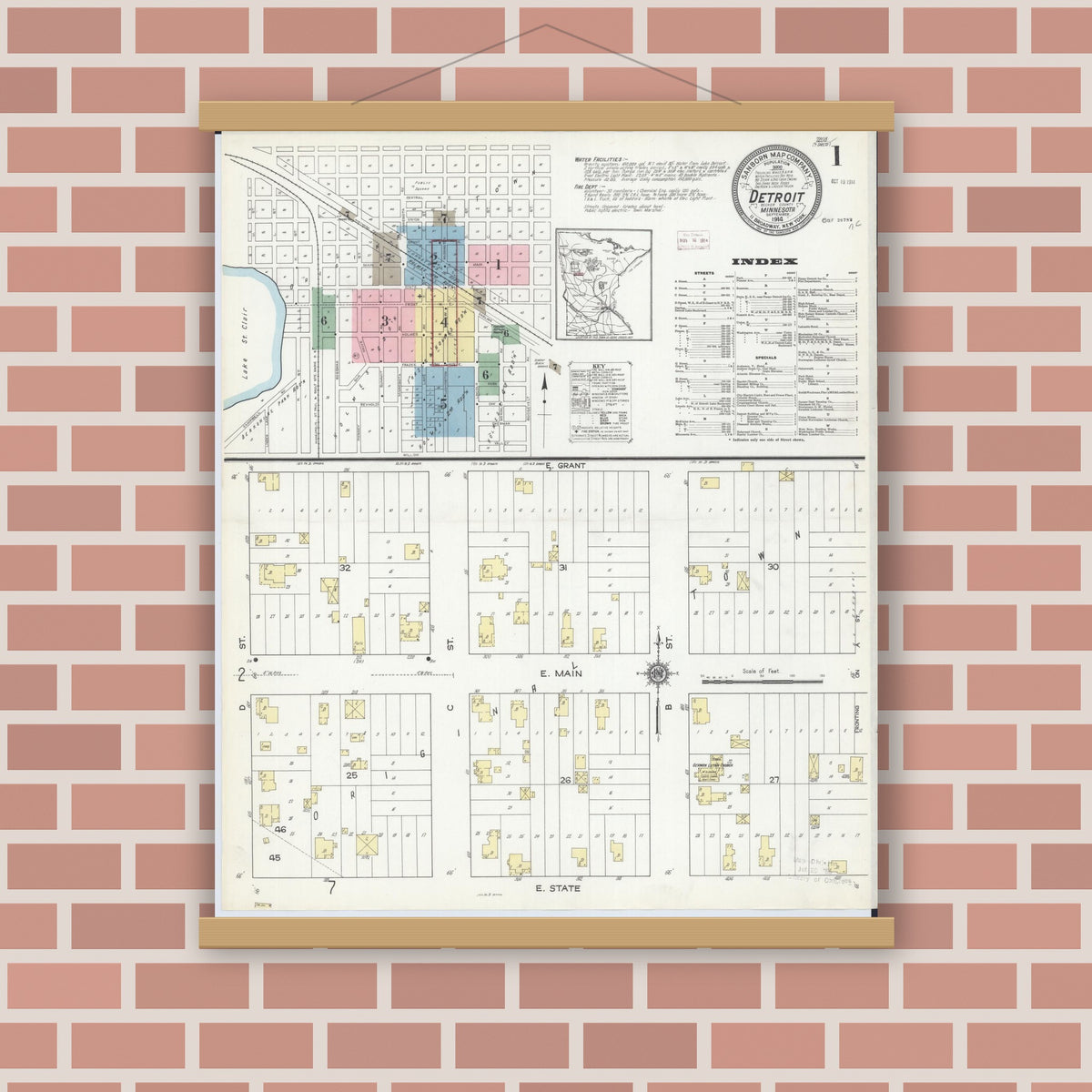 Old map wall art mockup — magnetic wood frame on brick wall — Sanborn Fire Insurance Map from Detroit Lakes, Becker County, Minnesota (1914) - Complete Map Set