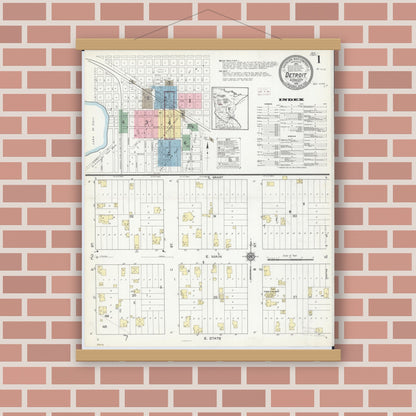 Old map wall art mockup — magnetic wood frame on brick wall — Sanborn Fire Insurance Map from Detroit Lakes, Becker County, Minnesota (1914) - Complete Map Set