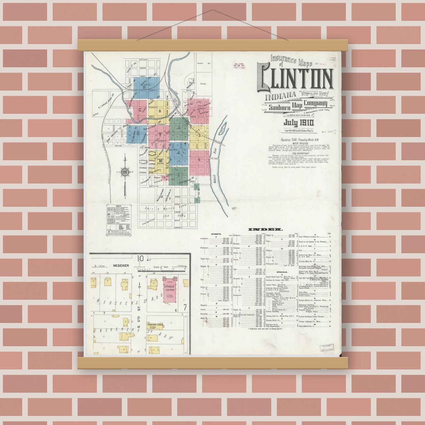 Old map wall art mockup — magnetic wood frame on brick wall — Sanborn Fire Insurance Map from Clinton, Vermillion County, Indiana (1910), Sheet #0001