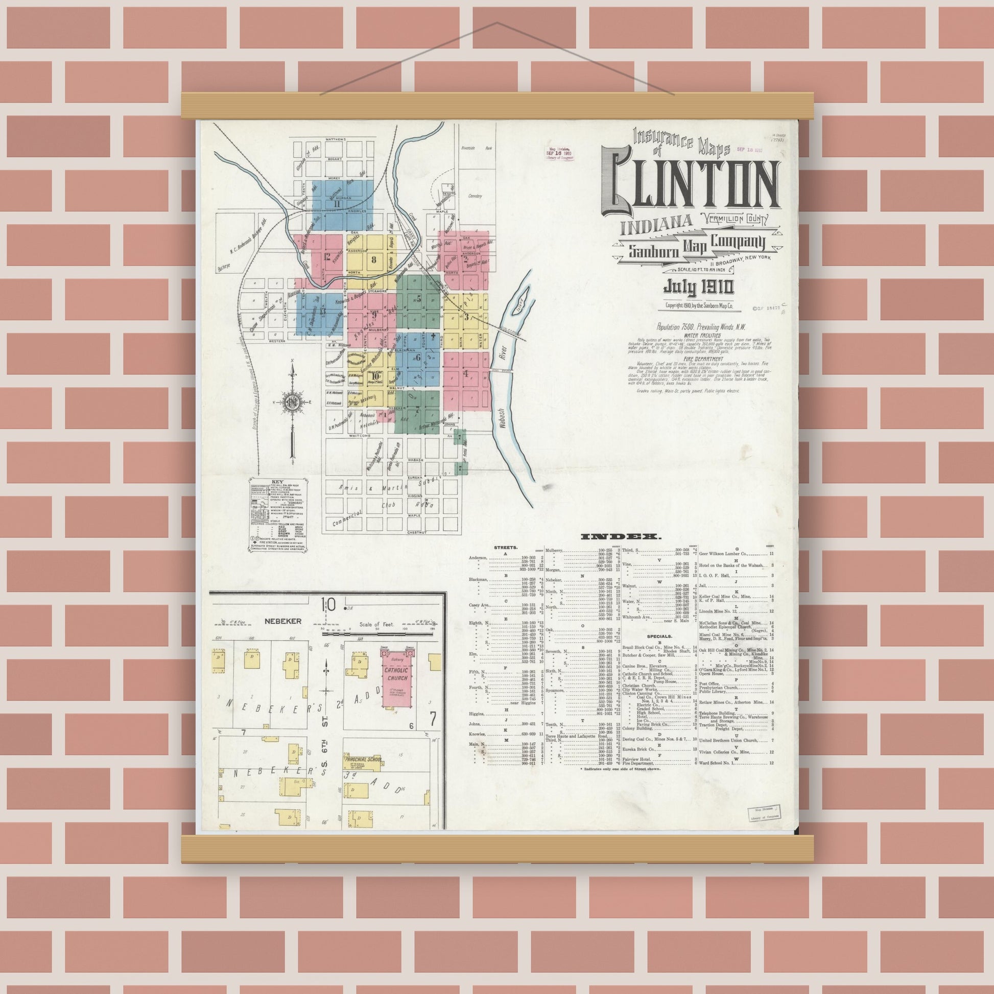 Old map wall art mockup — magnetic wood frame on brick wall — Sanborn Fire Insurance Map from Clinton, Vermillion County, Indiana (1910), Sheet #0001