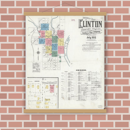 Old map wall art mockup — magnetic wood frame on brick wall — Sanborn Fire Insurance Map from Clinton, Vermillion County, Indiana (1910), Sheet #0001