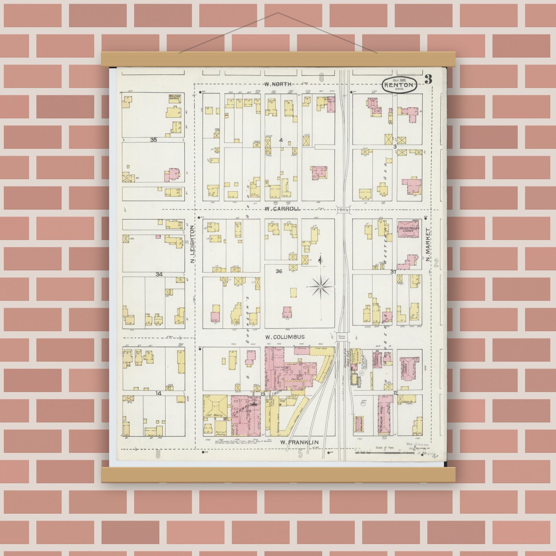 Old map wall art mockup — magnetic wood frame on brick wall — Sanborn Fire Insurance Map from Kenton, Hardin County, Ohio (1892), Sheet #0003
