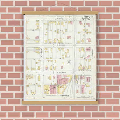 Old map wall art mockup — magnetic wood frame on brick wall — Sanborn Fire Insurance Map from Kenton, Hardin County, Ohio (1892), Sheet #0003