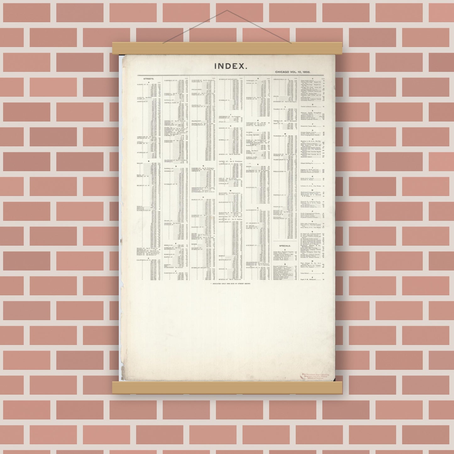 Old map wall art mockup — magnetic wood frame on brick wall — Sanborn Fire Insurance Map from Chicago, Cook County, Illinois (1896), Sheet #0001