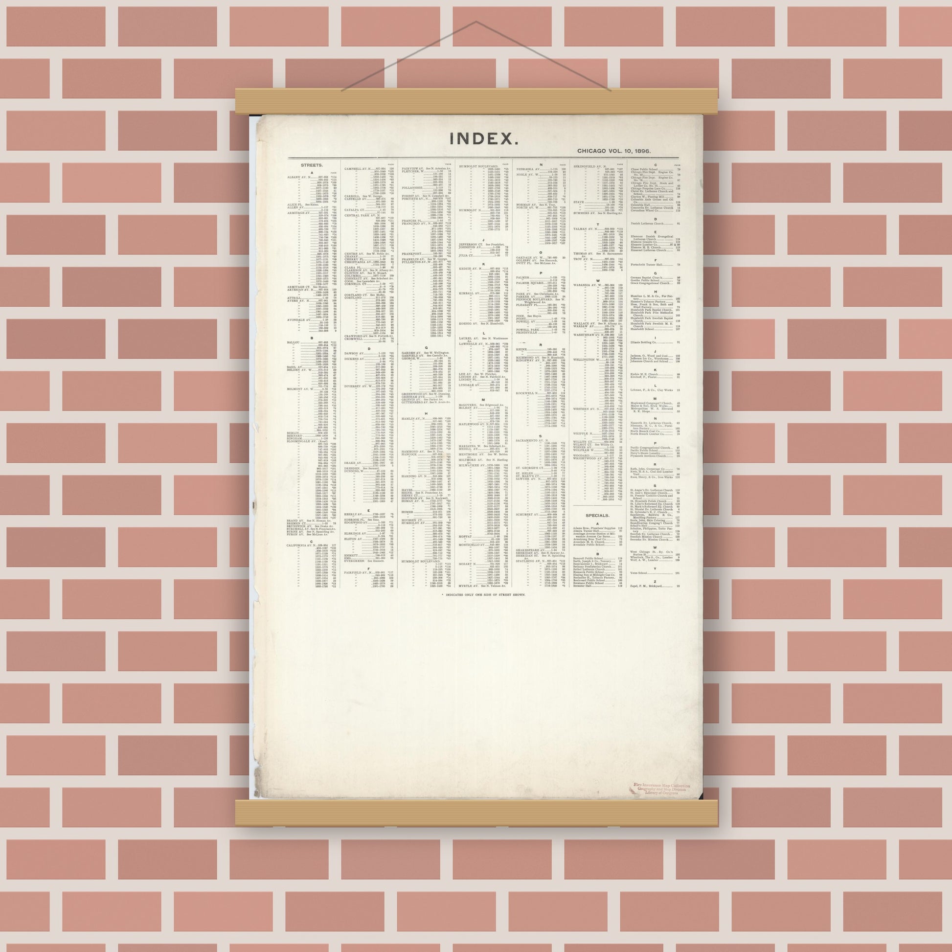 Old map wall art mockup — magnetic wood frame on brick wall — Sanborn Fire Insurance Map from Chicago, Cook County, Illinois (1896), Sheet #0001