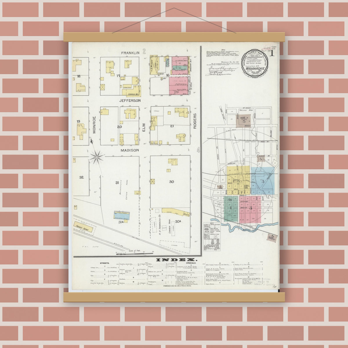 Old map wall art mockup — magnetic wood frame on brick wall — Sanborn Fire Insurance Map from Waxahachie, Ellis County, Texas (1893), Sheet #0001