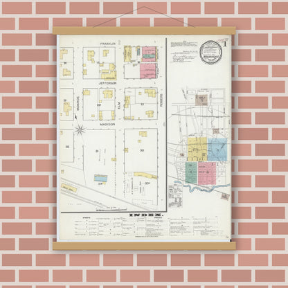 Old map wall art mockup — magnetic wood frame on brick wall — Sanborn Fire Insurance Map from Waxahachie, Ellis County, Texas (1893), Sheet #0001
