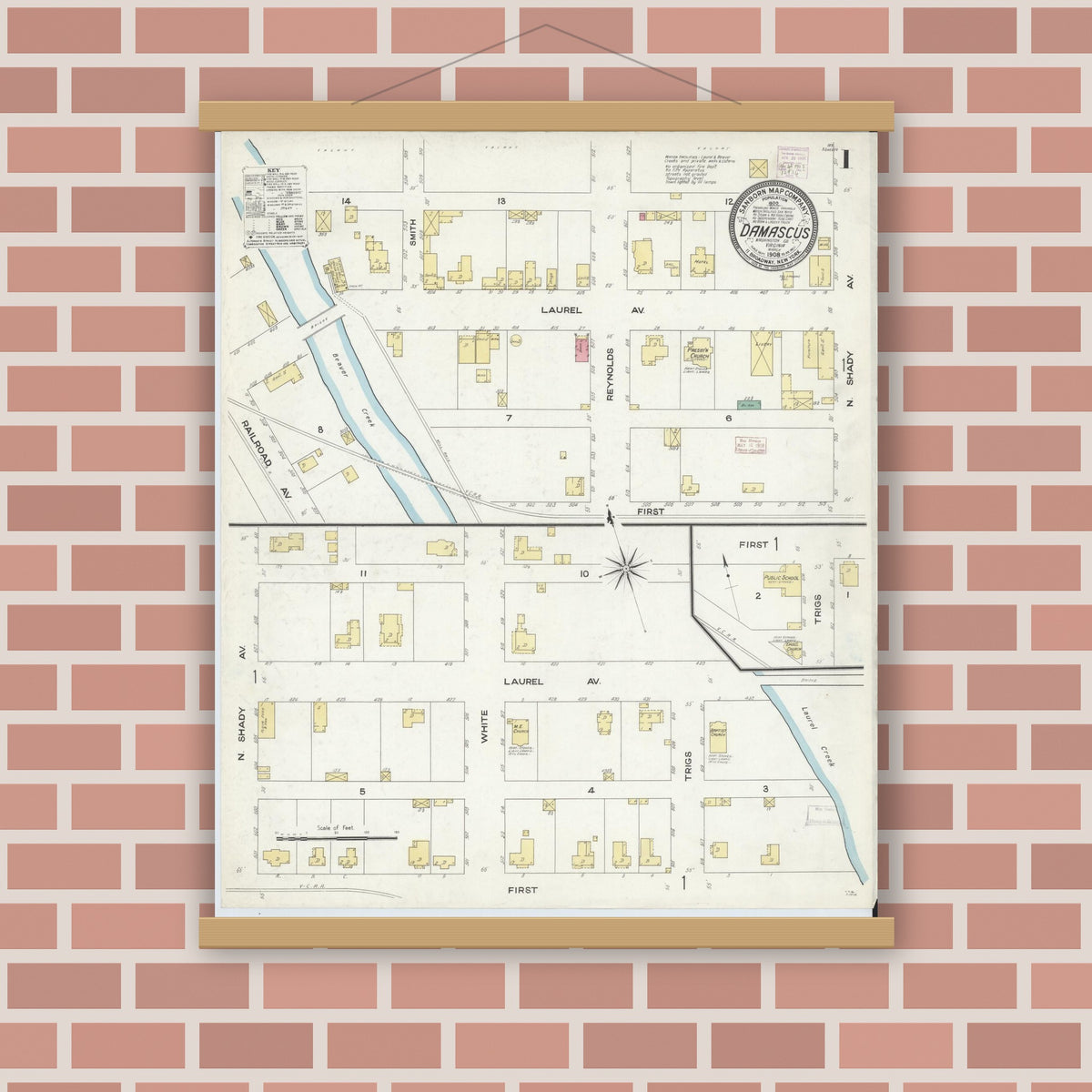 Old map wall art mockup — magnetic wood frame on brick wall — Sanborn Fire Insurance Map from Damascus, Washington County, Virginia (1908) - Complete Map Set